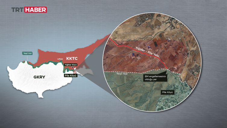 Bir kısmı BM kontrolündeki Yeşil Hat üzerinde bulunan karma köy Pile'ye yapılacak yol çalışması 'Barış Gücü' unsurlarınca engellenmek istenmişti. Görsel: TRT Haber.